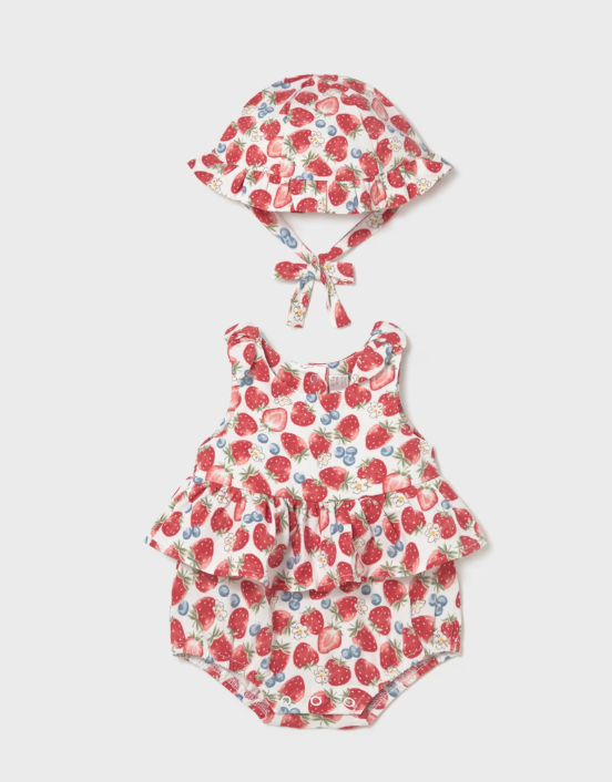 Mayoral Strawberry Print Frill Romper & Hat Set Style 1632 - Red